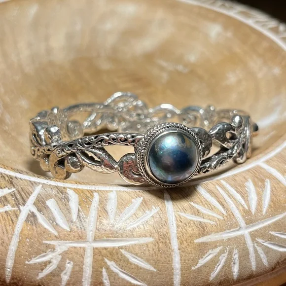 Sarda Blue Cultured Mabe Pearl Silver Tree Of Life Bangle Bracelet - Picture 3 of 16